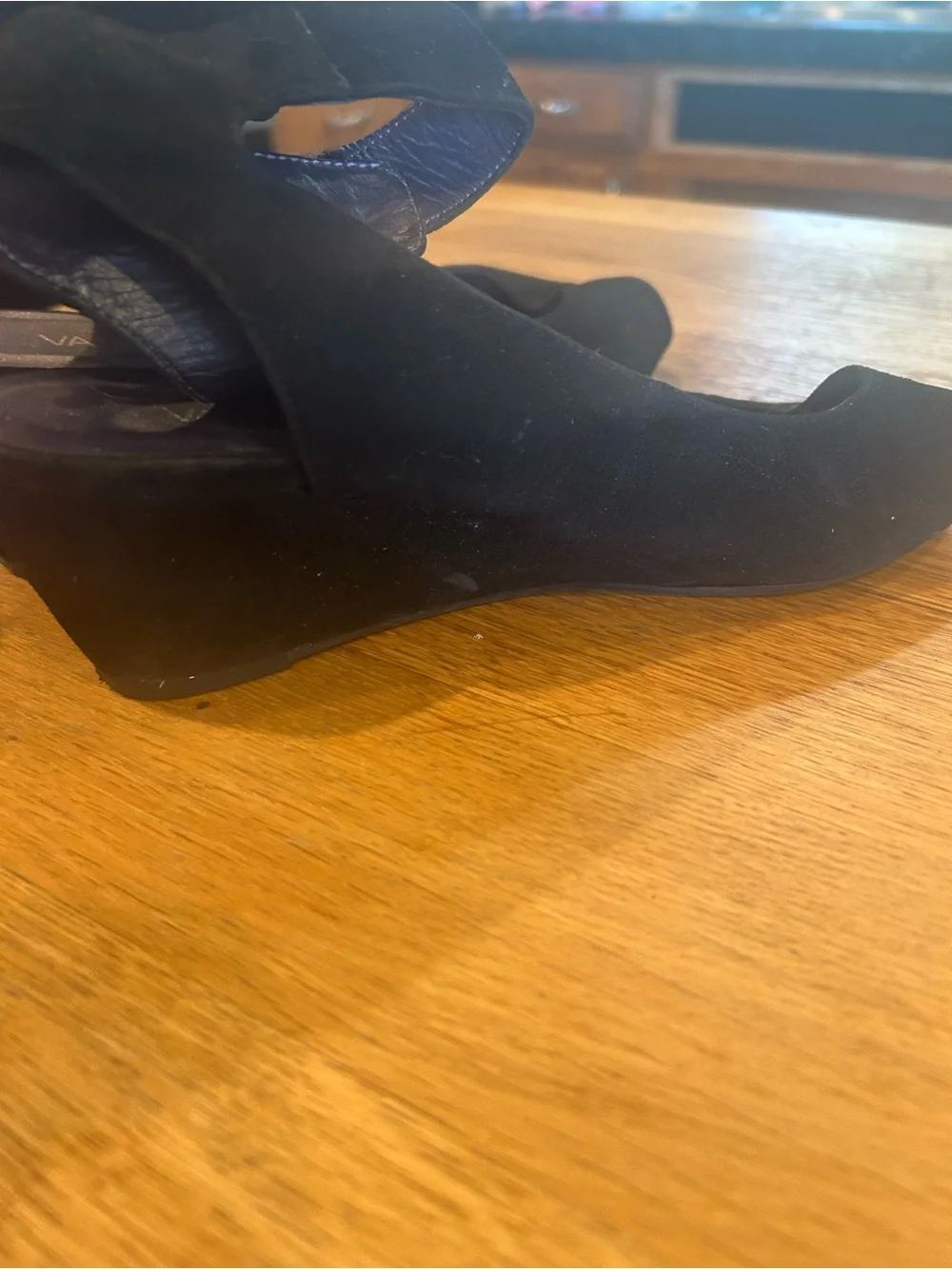 Vaneli Black Suede Peep-Toe Wedge Sandals with Ankle Strap